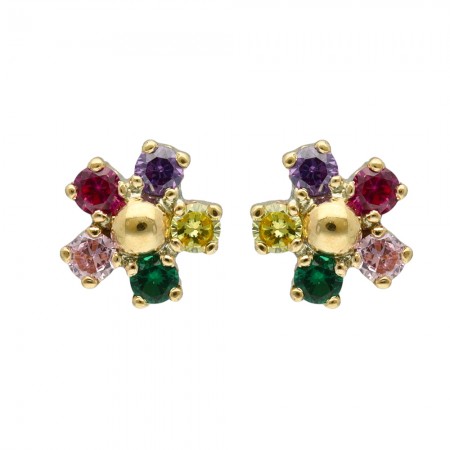 PENDIENTES EN ORO FLOR CON BOLITA Y CIRCONITAS INFANTIL
