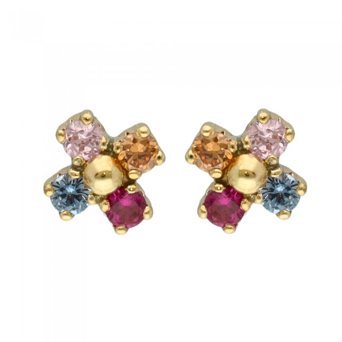PENDIENTES EN ORO FORMA CRUZ BOLITA Y CIRCONITAS INFANTIL