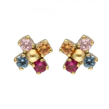 PENDIENTES EN ORO FORMA CRUZ BOLITA Y CIRCONITAS INFANTIL
