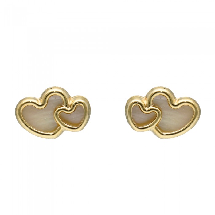 PENDIENTES EN ORO DOS CORAZONES NÁCAR INFANTIL