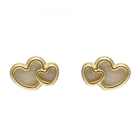 PENDIENTES EN ORO DOS CORAZONES NÁCAR INFANTIL