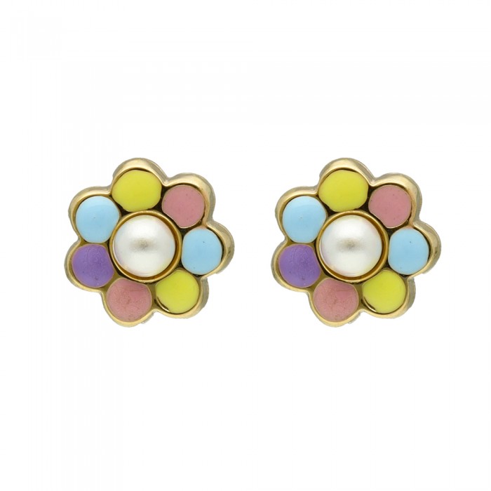 PENDIENTES EN ORO FLOR CON PERLA INFANTIL