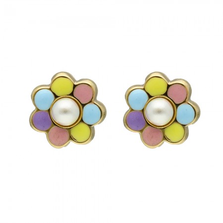 PENDIENTES EN ORO FLOR CON PERLA INFANTIL