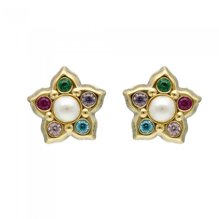 PENDIENTES EN ORO CON PERLA CENTRAL Y CIRCONITAS INFANTIL
