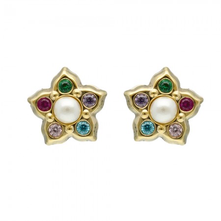 PENDIENTES EN ORO CON PERLA CENTRAL Y CIRCONITAS INFANTIL