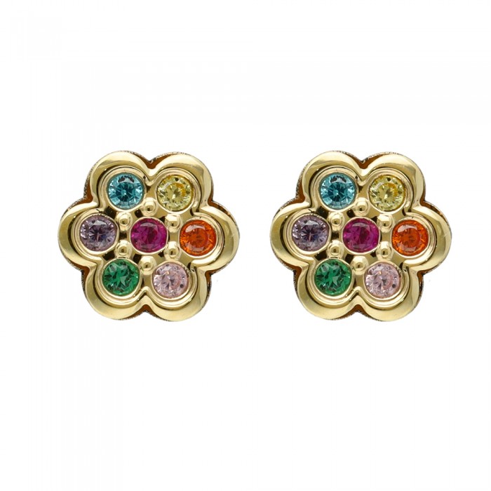 PENDIENTES EN ORO FORMA FLOR CON CIRCONITAS MULTICOLOR INFANTIL