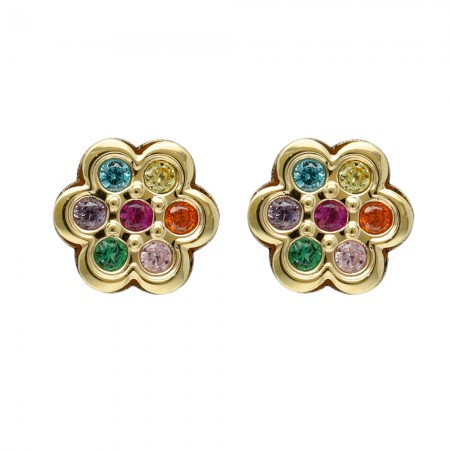 PENDIENTES EN ORO FORMA FLOR CON CIRCONITAS MULTICOLOR INFANTIL