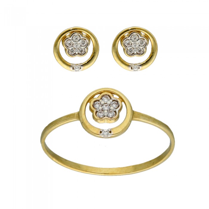 JUEGO EN ORO DE ANILLO Y PENDIENTES COMUNIÓN FLOR CON CIRCONITAS