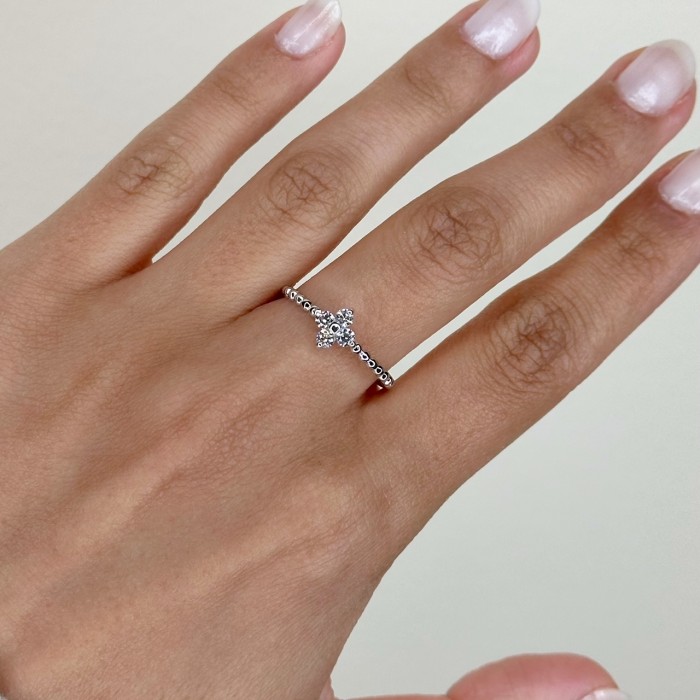 ANILLO EN ORO BLANCO BOLITAS Y FLOR