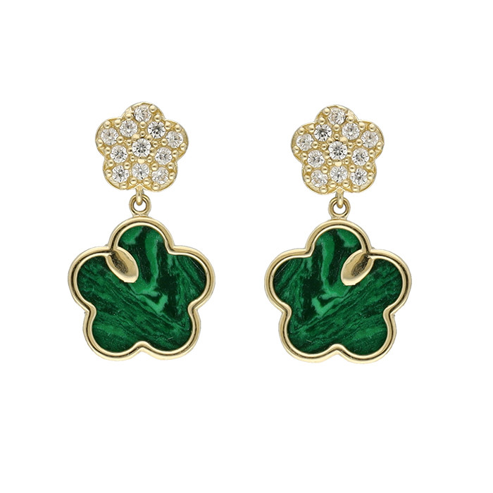 PENDIENTES EN ORO LARGOS CON MALAQUITA FLOR
