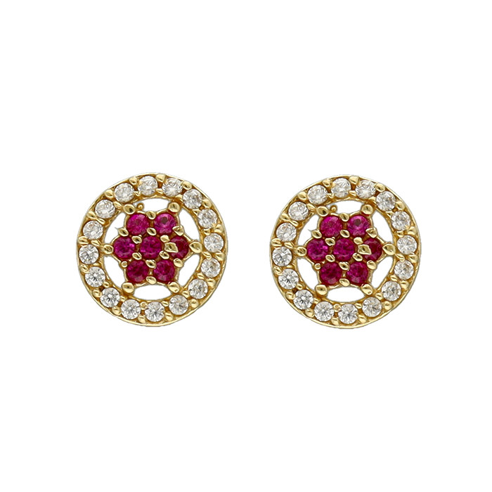 PENDIENTES EN ORO CON CIRCONITAS ROSETA ROJO