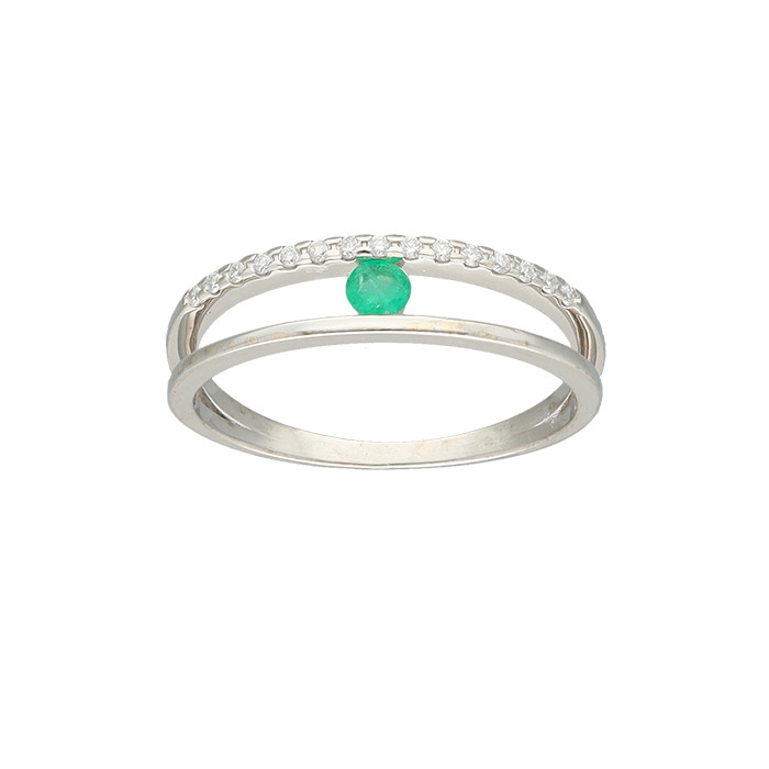 ANILLO EN ORO BLANCO Y DIAMANTES ARO DOBLE ESMERALDA