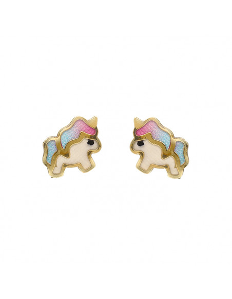 PENDIENTES ORO UNICORNIO INFANTILES ESMALTE