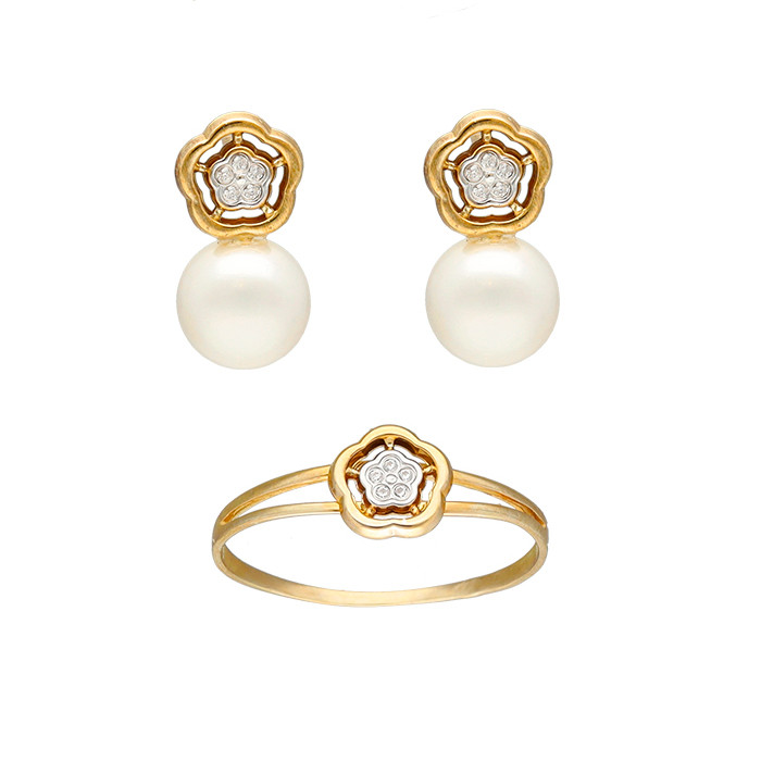 ANILLO Y PENDIENTES COMUNIÓN FLOR CON CIRCONITAS Y PERLAS