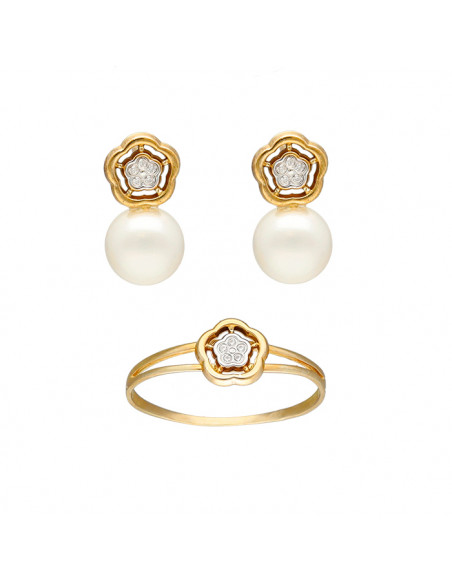 ANILLO Y PENDIENTES COMUNIÓN FLOR CON CIRCONITAS Y PERLAS