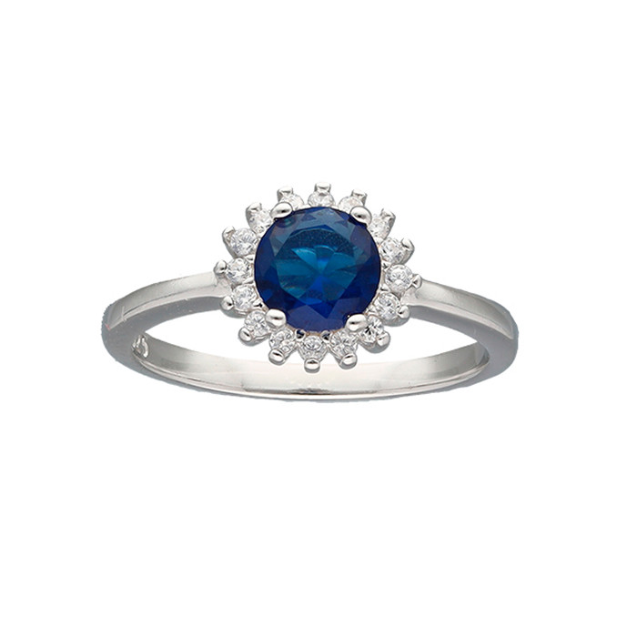 ANILLO EN PLATA CIRCONITA AZUL Y BLANCAS ROSETA REDONDO