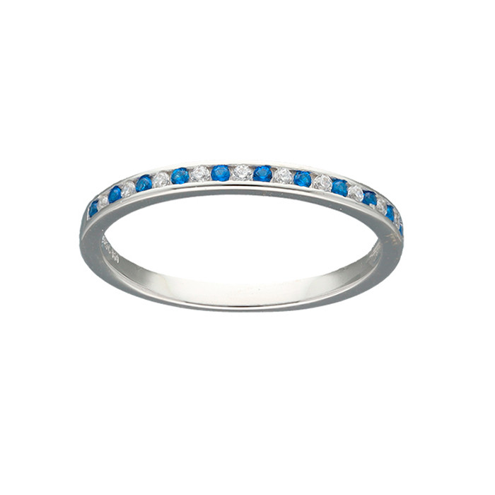 ANILLO EN PLATA CIRCONITAS AZULES Y BLANCAS EN CARRIL