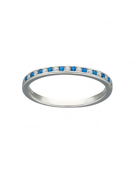 ANILLO EN PLATA CIRCONITAS AZULES Y BLANCAS EN CARRIL