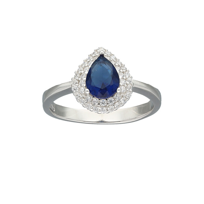 ANILLO EN PLATA CIRCONITAS AZULES Y BLANCAS FORMA GOTA