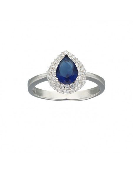 ANILLO EN PLATA CIRCONITAS AZULES Y BLANCAS FORMA GOTA