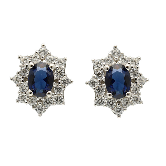 PENDIENTES PLATA CON CIRCONITAS AZULES Y BLANCAS ROSETA OVAL