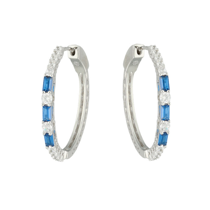 PENDIENTES PLATA EN ARO CON CIRCONITAS  AZULES Y BLANCAS EN BAGUETTE