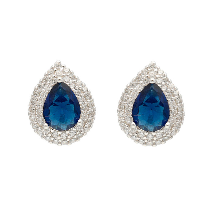 PENDIENTES PLATA CON CIRCONITAS AZULES Y BLANCAS ROSETA GOTA