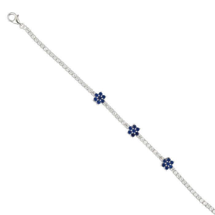 PULSERA EN PLATA CON CIRCONITAS AZULES Y BLANCAS ROSETA