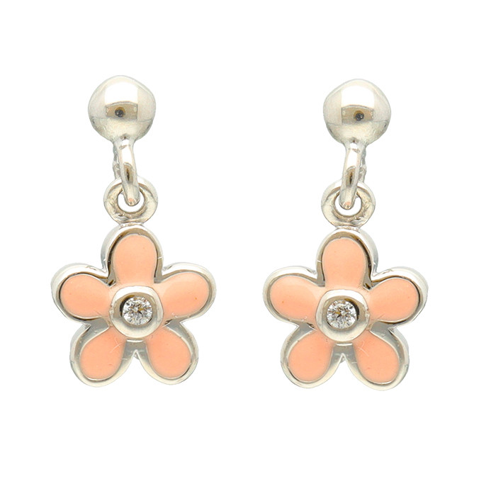 PENDIENTES EN PLATA NIÑA LARGOS FLORES ROSAS CIRCONITA ESMALTE