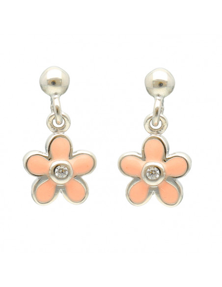 PENDIENTES EN PLATA NIÑA LARGOS FLORES ROSAS CIRCONITA ESMALTE