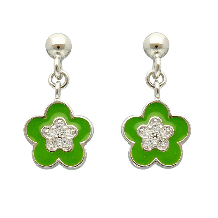 PENDIENTES EN PLATA LARGOS FLOR ESMALTE VERDE CENTRO FLOR CIRCONITAS