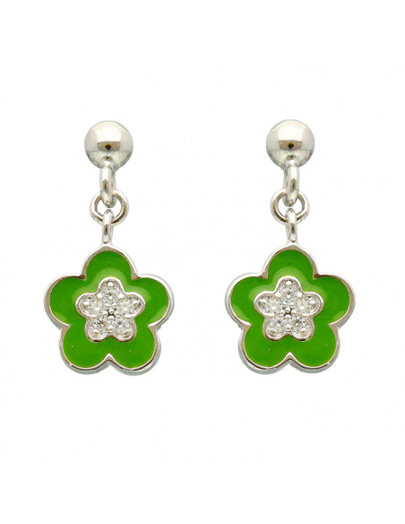 PENDIENTES EN PLATA LARGOS FLOR ESMALTE VERDE CENTRO FLOR CIRCONITAS