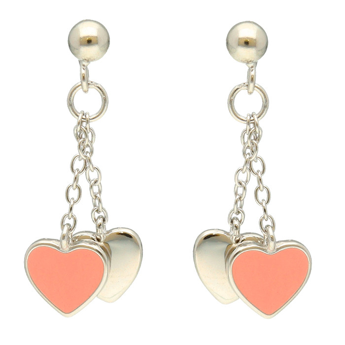 PENDIENTES EN PLATA LARGOS DOBLE CORAZON  ESMALTE