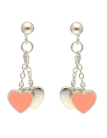PENDIENTES EN PLATA LARGOS DOBLE CORAZON  ESMALTE