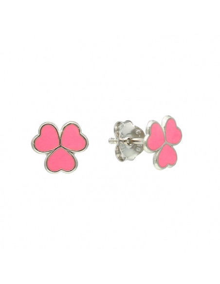 PENDIENTES EN PLATA TREBOL 3 CORAZONES ESMALTE ROSA