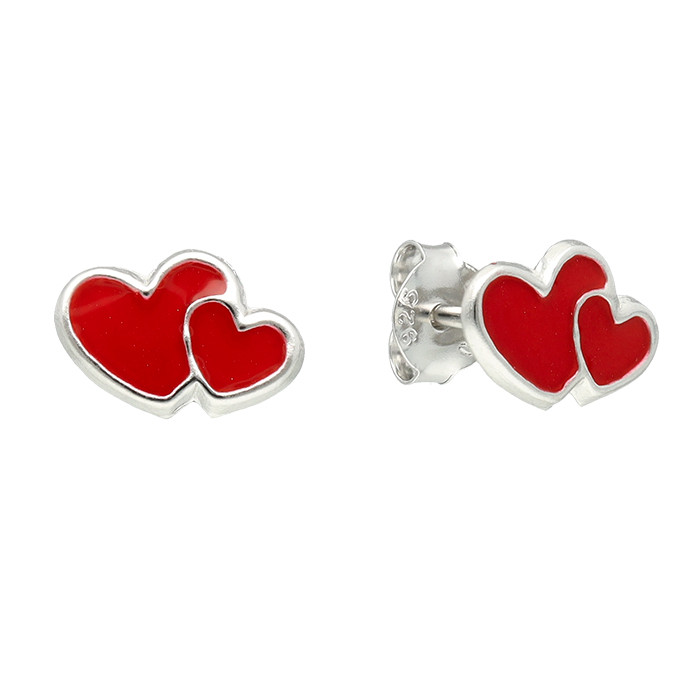 PENDIENTES EN PLATA ESMALTE CORAZON DOBLE ROJO