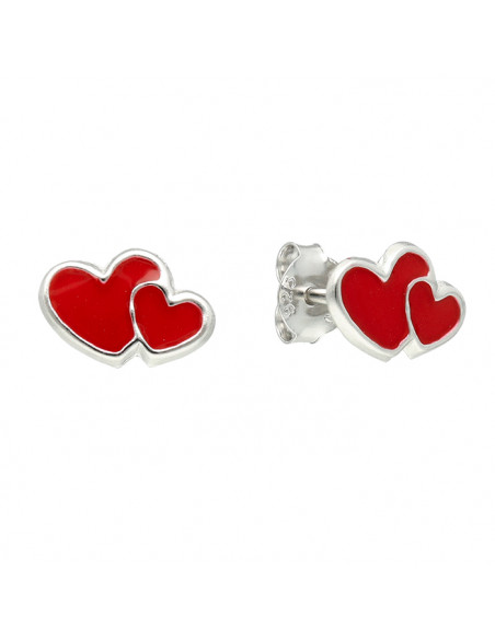 PENDIENTES EN PLATA ESMALTE CORAZON DOBLE ROJO