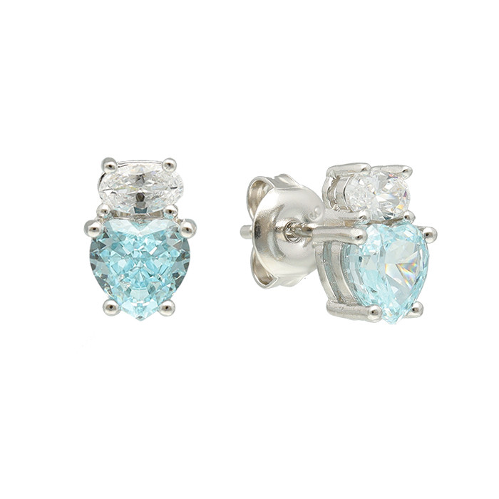 PENDIENTES EN PLATA DE LEY CON CIRCONITA AZUL CORAZÓN Y BLANCA OVAL