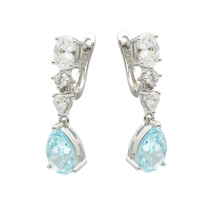 PENDIENTES EN PLATA LARGOS CON CIRCONITA AZUL GOTA Y BLANCAS