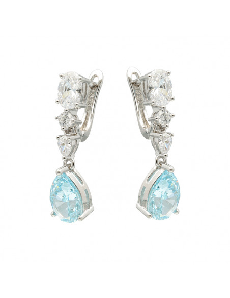 PENDIENTES EN PLATA LARGOS CON CIRCONITA AZUL GOTA Y BLANCAS