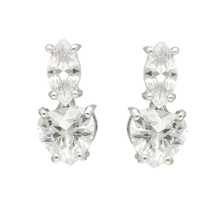 PENDIENTES EN PLATA LARGOS DOBLE CIRCONITA TALLADA ROMBO CORAZON