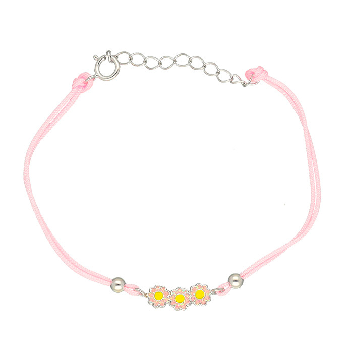 PULSERA EN PLATA CORDON ROSA TRES MARGARITAS PLATA ESMALTE