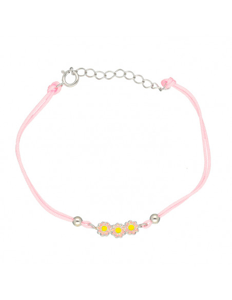 PULSERA EN PLATA CORDON ROSA TRES MARGARITAS PLATA ESMALTE