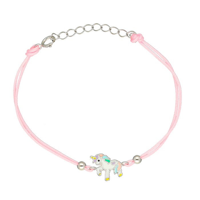 PULSERA EN PLATA CORDON ROSA UNICORNIO MULTICOLOR BOLITAS