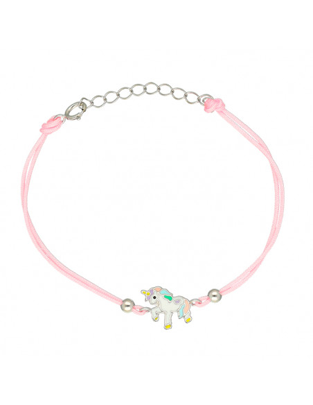 PULSERA EN PLATA CORDON ROSA UNICORNIO MULTICOLOR BOLITAS