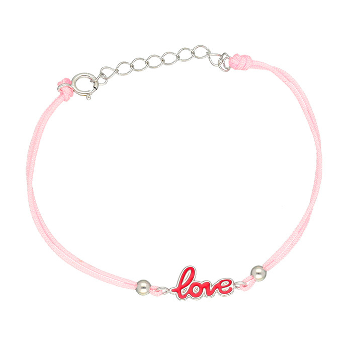 PULSERA EN PLATA LOGO ROSA LOVE CORDON ROSA