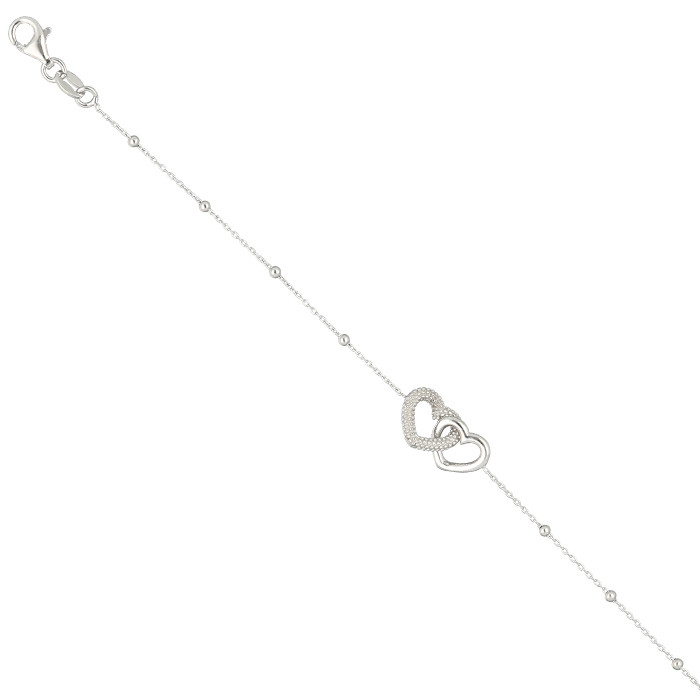 PULSERA EN PLATA CADENA BOLITAS DOBLE CORAZON CENTRAL