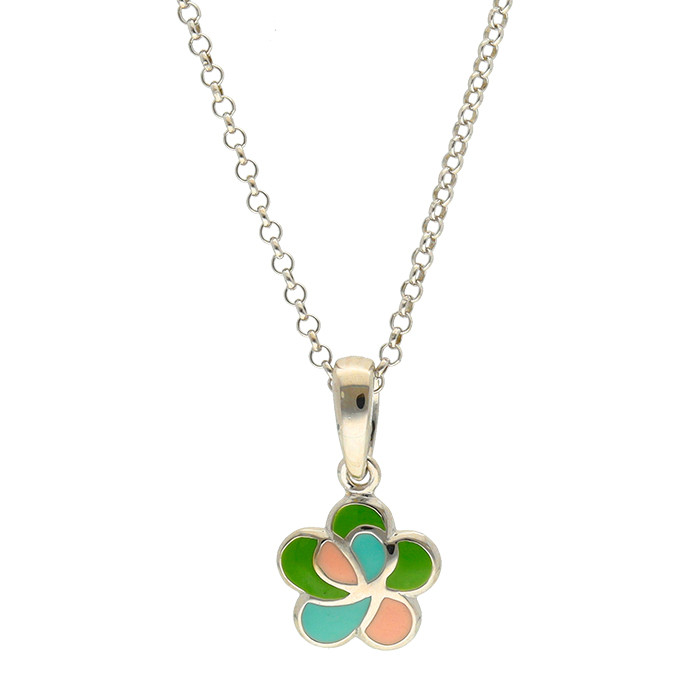 GARGANTILLA EN PLATA FLOR ESMALTE ROSA VERDE Y AZUL