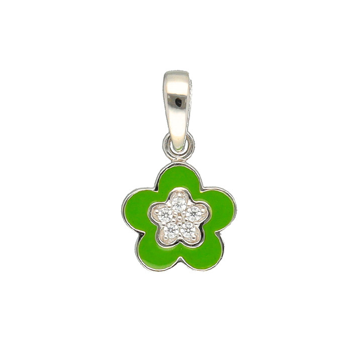 COLGANTE EN PLATA FLOR ESMALTE VERDE CENTRO CIRCONITAS