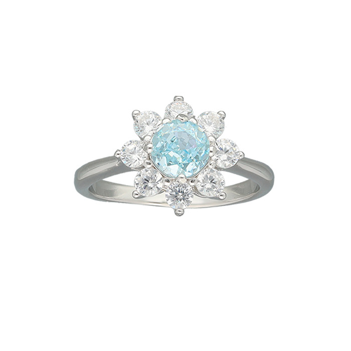 ANILLO EN PLATA CON CIRCONITA AZUL Y BLANCA FLOR